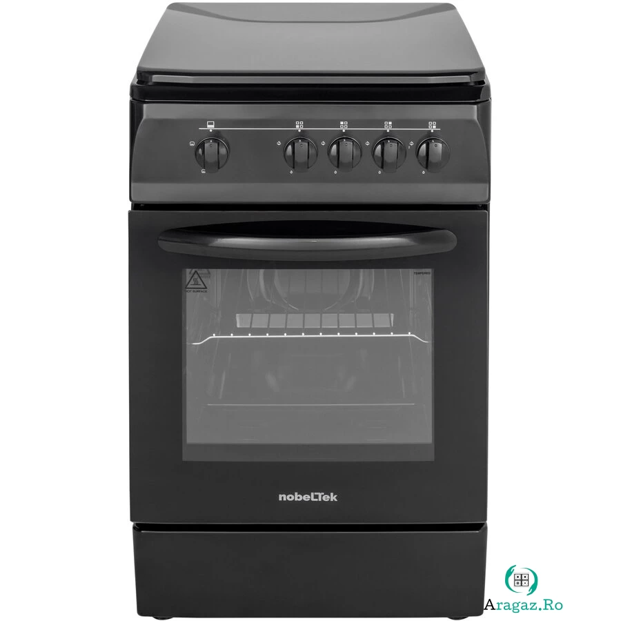 NobeLTek Aragaz NobelTek NLT 5601N/G1, Gaz, 4 arzatoare, Dispozitiv siguranta plita si cuptor, 50 x 60 cm, Negru