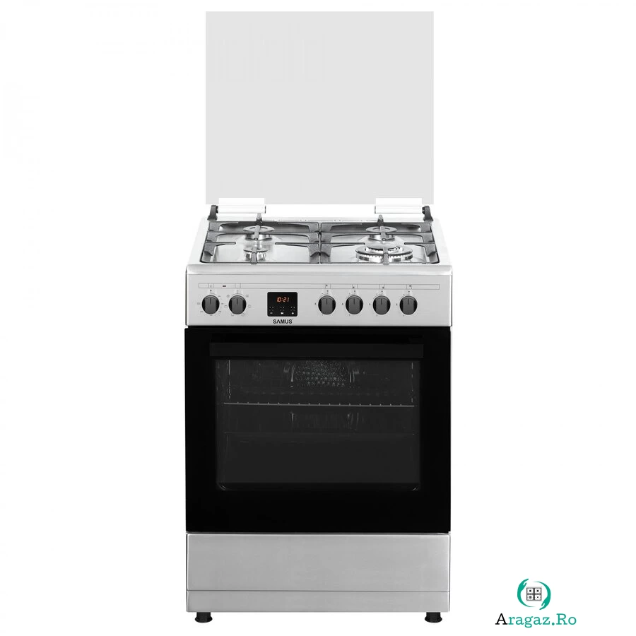 Samus Aragaz mixt Samus SM663AENS INOX, Gaz, 4 Arzatoare, Arzator Wok, Cuptor electric, 56 L, 59.8 cm, Inox