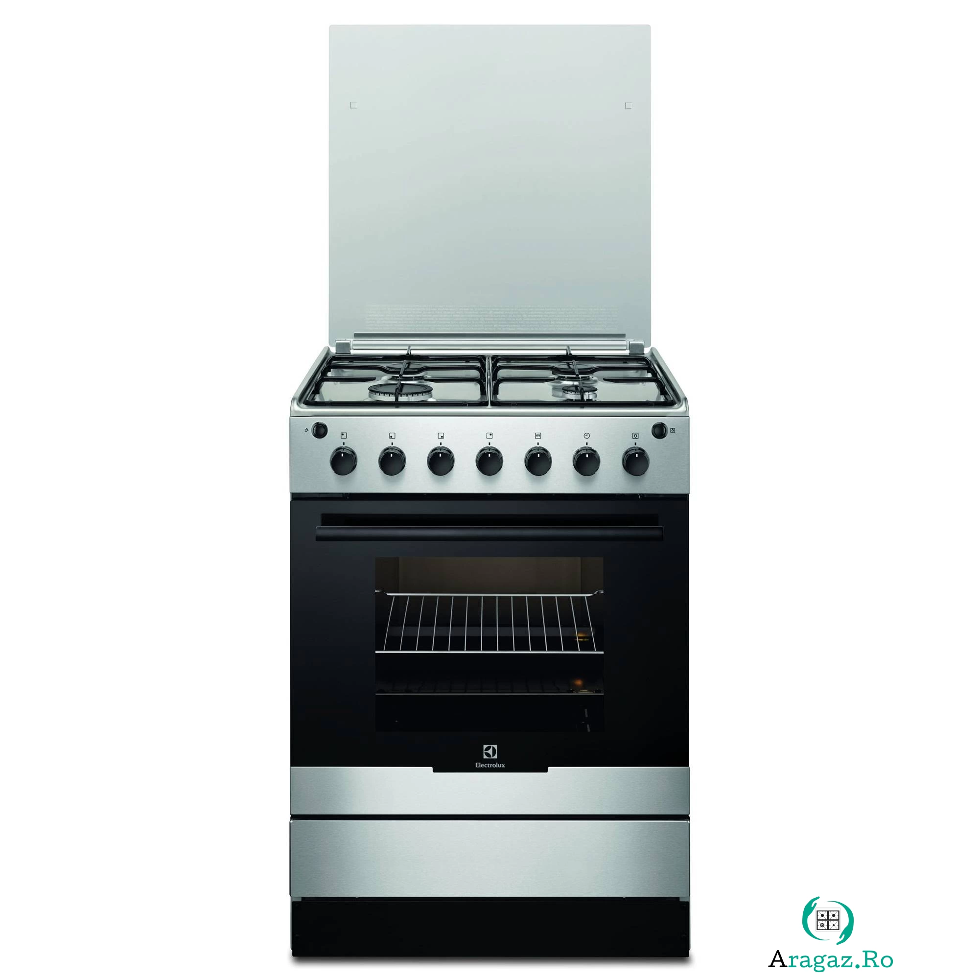 Aragaz pe Gaz Electrolux EKG61102OX, 4 arzatoare, grill, rotisor, aprindere electrica, siguranta, curatare catalitica, inox la 1,499.99 lei ron