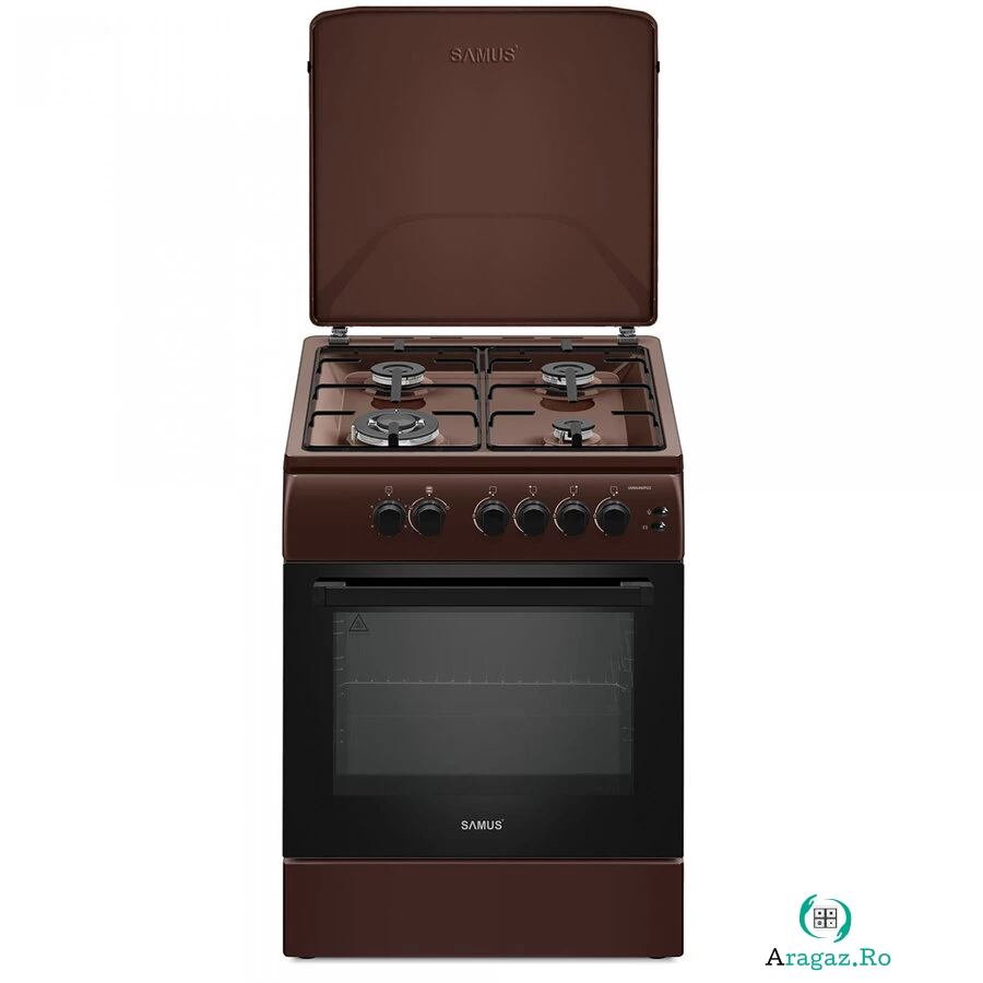 Samus Aragaz Samus SM664MPGS, 4 Arzatoare gaz, 1 Wok, Cuptor gaz, Aprindere electrica plita si cuptor, Timer, Grill, Maro
