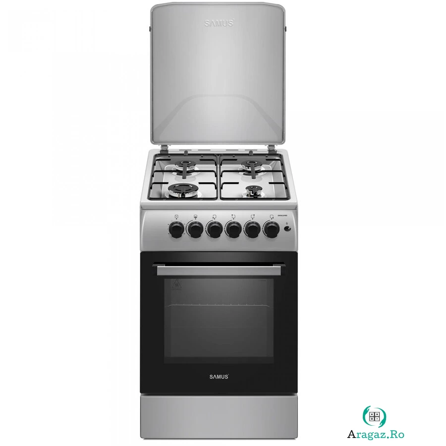 Samus Aragaz Samus SM561XPBS, 4 Arzatoare gaz, Cuptor gaz, Aprindere electrica plita, Timer, Sigurante plita si cuptor, Inox/ Argintiu