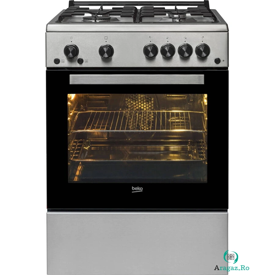 Beko Aragaz Beko FSHT62111GX, 4 arzatoare, Gaz, Aprindere electrica plita/cuptor, Grill, Rotisor, 60 cm, iluminare cuptor, timer mecanic, capac metal, Inox