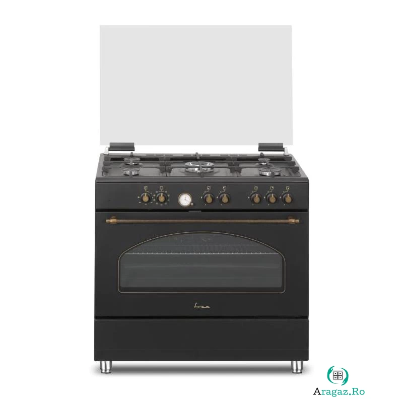 Aragaz Fram FFSC-S90MLITGCF-RBK, Mixt, Multifunctional, 5 arzatoare, Wok, Aprindere electrica, Gratar fonta, Timer, Grill, Ventilatie, Lumina cuptor, Duze GPL incluse, 90 cm, Negru