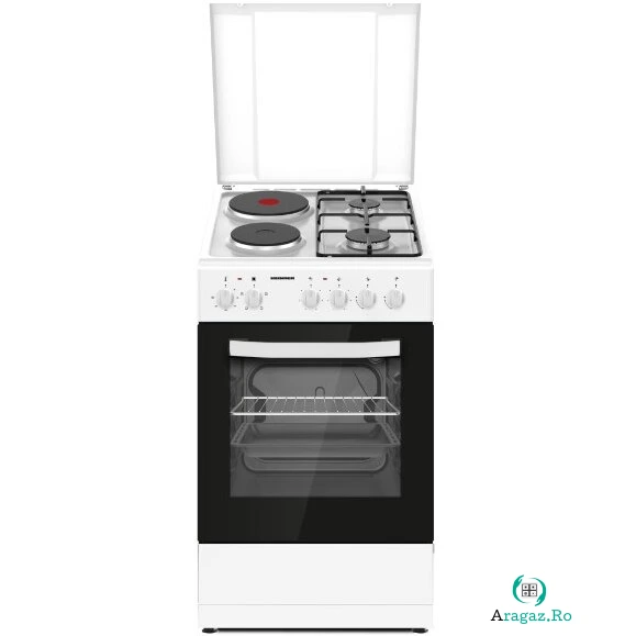Aragaz HFSC-S56E2HSWH Mixt 2 Arzatoare Gaz + 2 Plite Electrice Cuptor Electric Clasa A Grill Alb la 2,676.99 lei ron