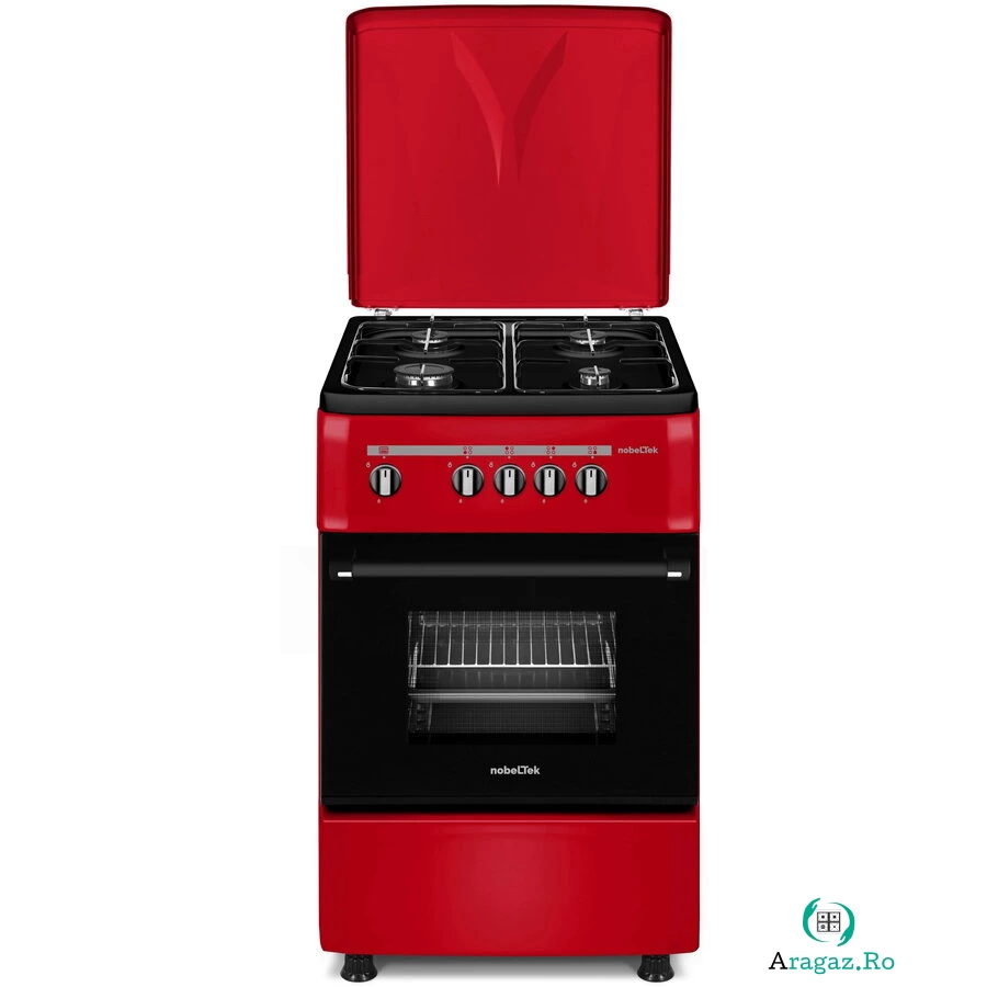NobeLTek Aragaz Nobeltek NLT 5551R/G1, 50 cm, plita gaz, cuptor gaz, siguranta plita si cuptor, echipat cu diuze GPL, diuze GN de schimb, capac tabla, Rosu
