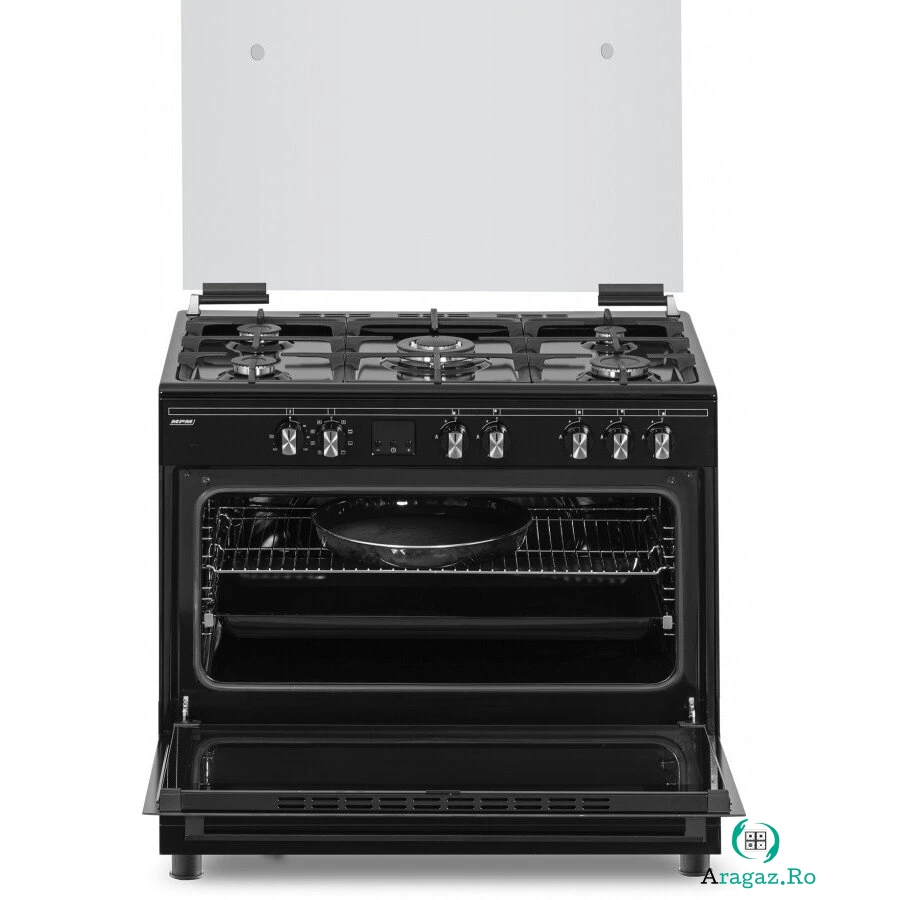 MPM Aragaz electric, MPM MPM-93-KGM-32, 5 arzatoare, latime 90 cm, iluminare cuptor LED, Negru
